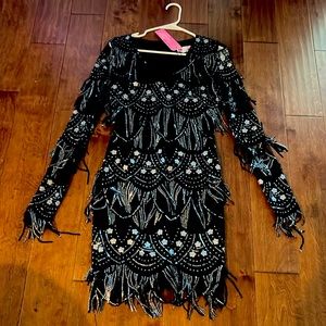 Southern Fried Chicks black/silver sequin dress. Small. Back zip. LS. Never worn